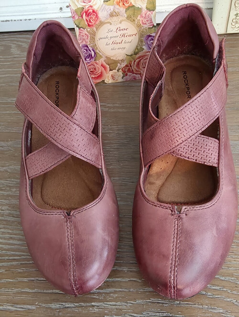 Rockport Cobb Hill Janet Cross-Strap Mary Jane Leather Burgundy Wedge Shoes 6